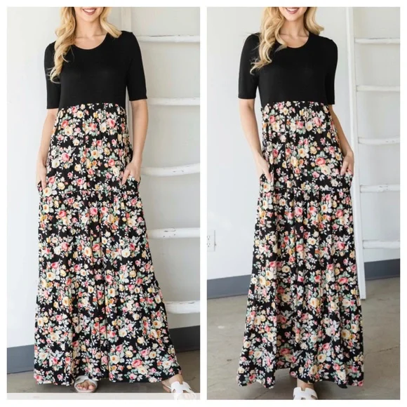 BOHO FLORAL COLOR BLOCK MAXI DRESS - Picture 2 of 6
